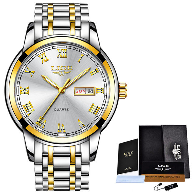 Luxury watch with silver and gold band, LICE brand packaging, and box on white background