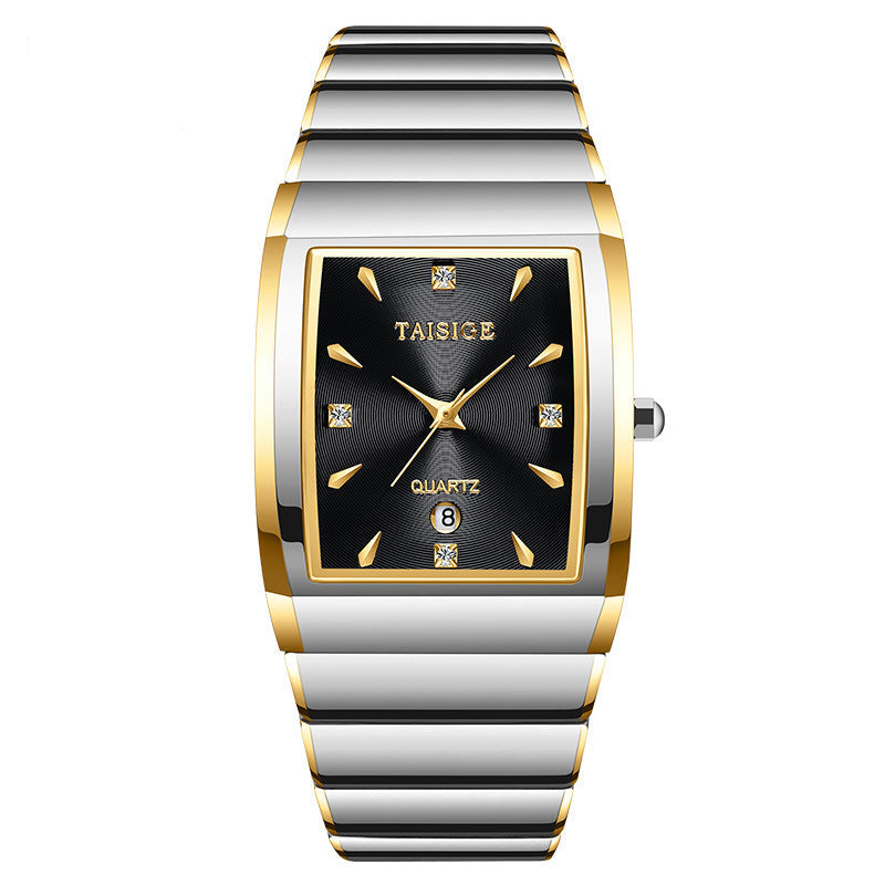 Silver and gold watch with black face on a white background