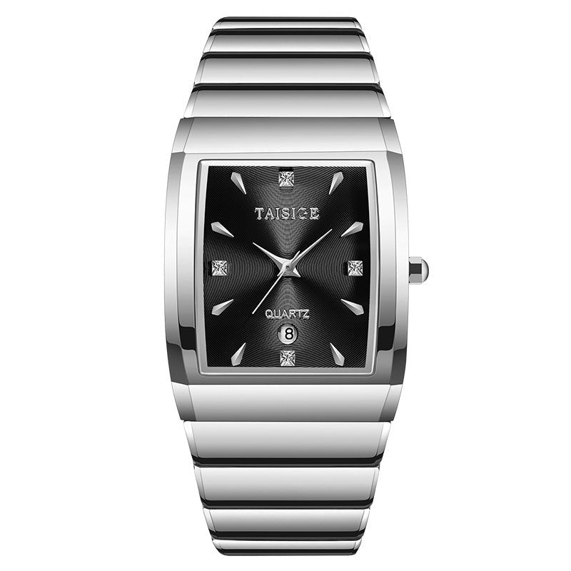 Silver watch with black face on a white background, featuring the brand 'TAISIGE'.