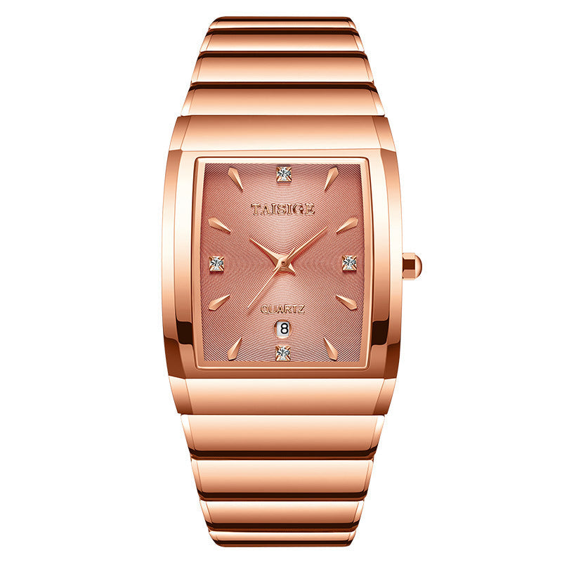 Rose gold watch with a white background
