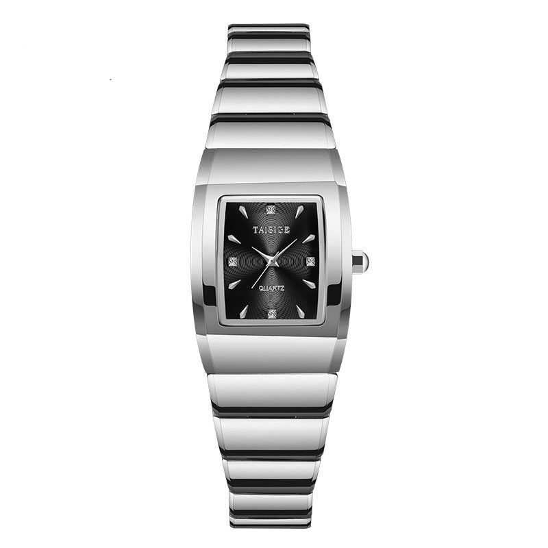 Silver and black striped watch with a square face on a white background