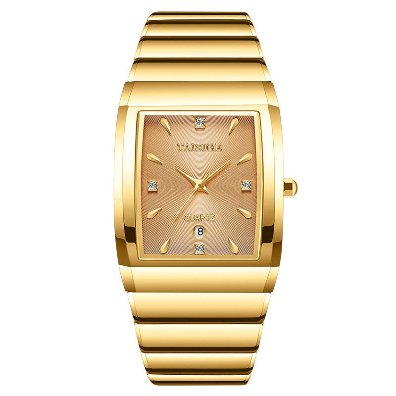 Gold wristwatch with a rectangular face on a white background
