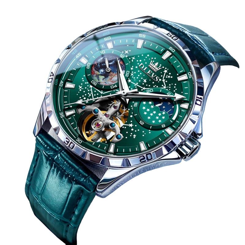 Green wristwatch with detailed face on a blue background