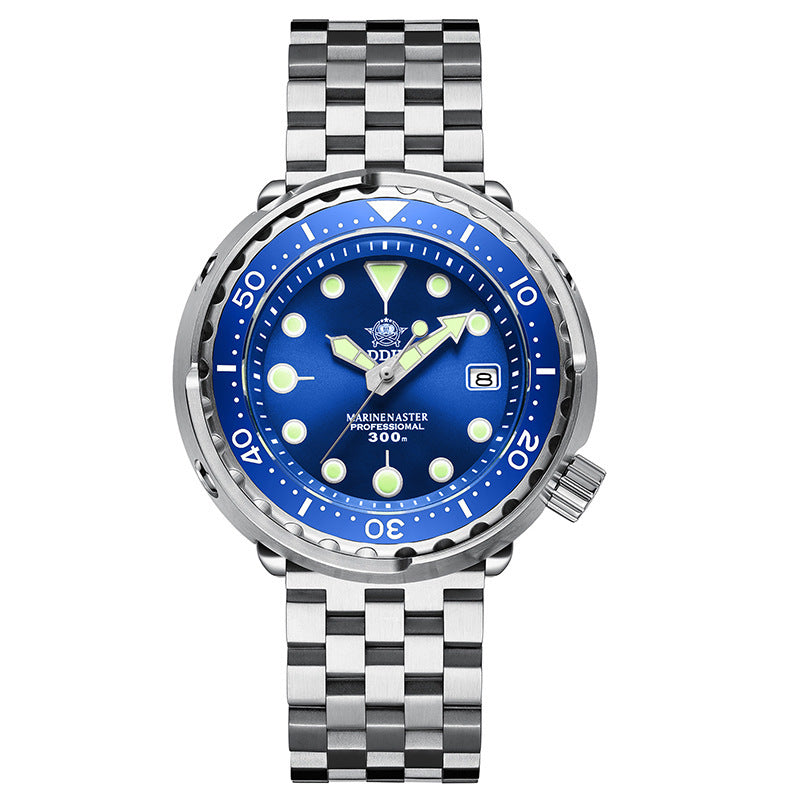 Wristwatch with blue dial and silver checkered strap on a white background
