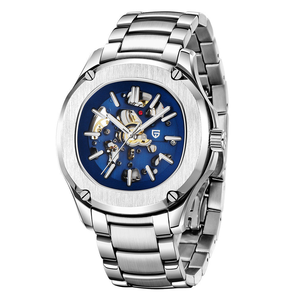Silver wristwatch with a blue face on a white background
