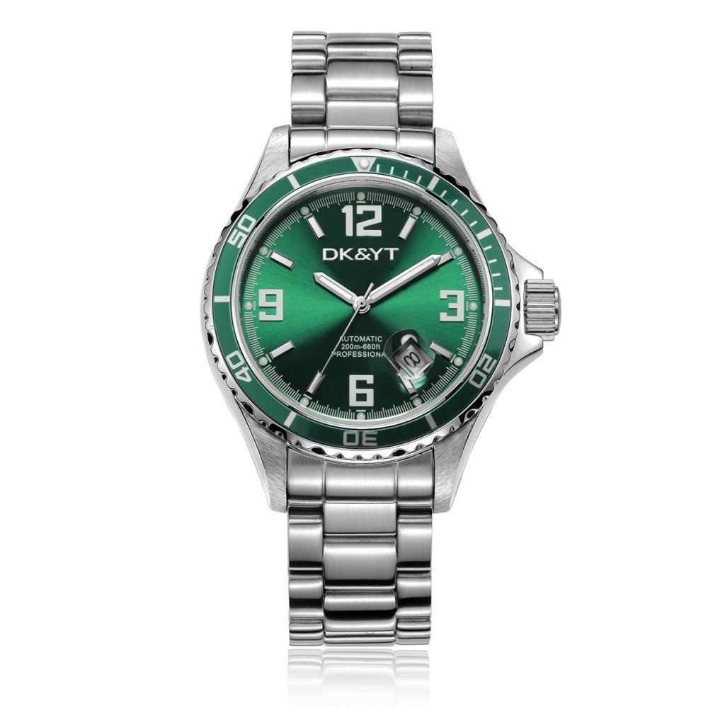Green watch with silver bracelet on a white background