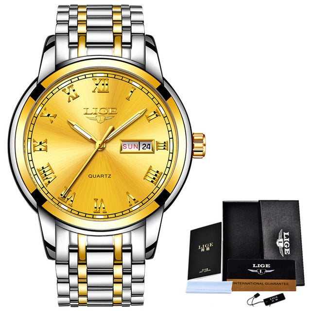 Gold and silver watch with LIGE branding and packaging on a white background
