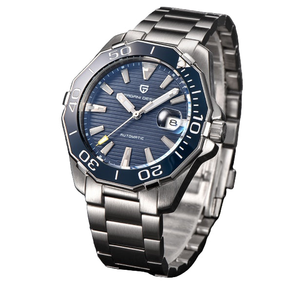 Silver watch with blue dial on a dark background