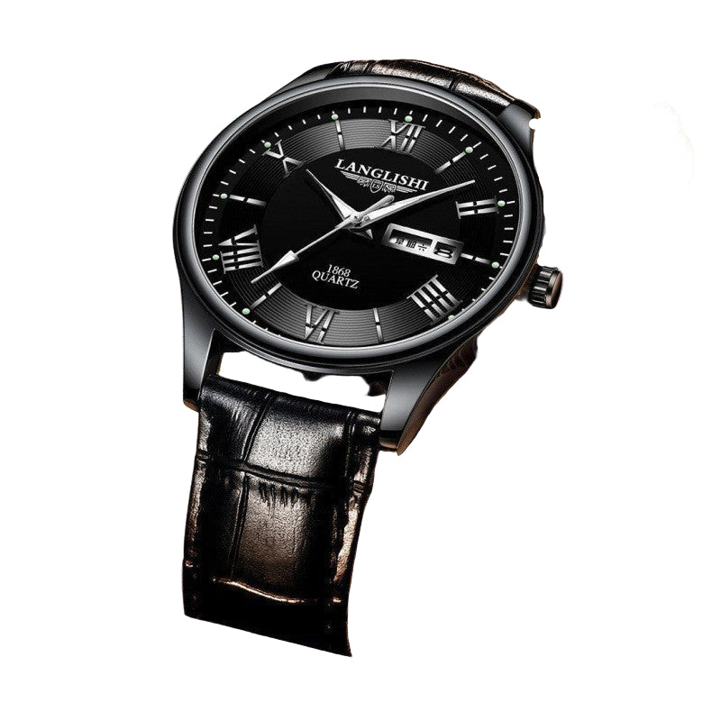 Black wristwatch with leather strap in a box, brand 'LANGLIH' visible