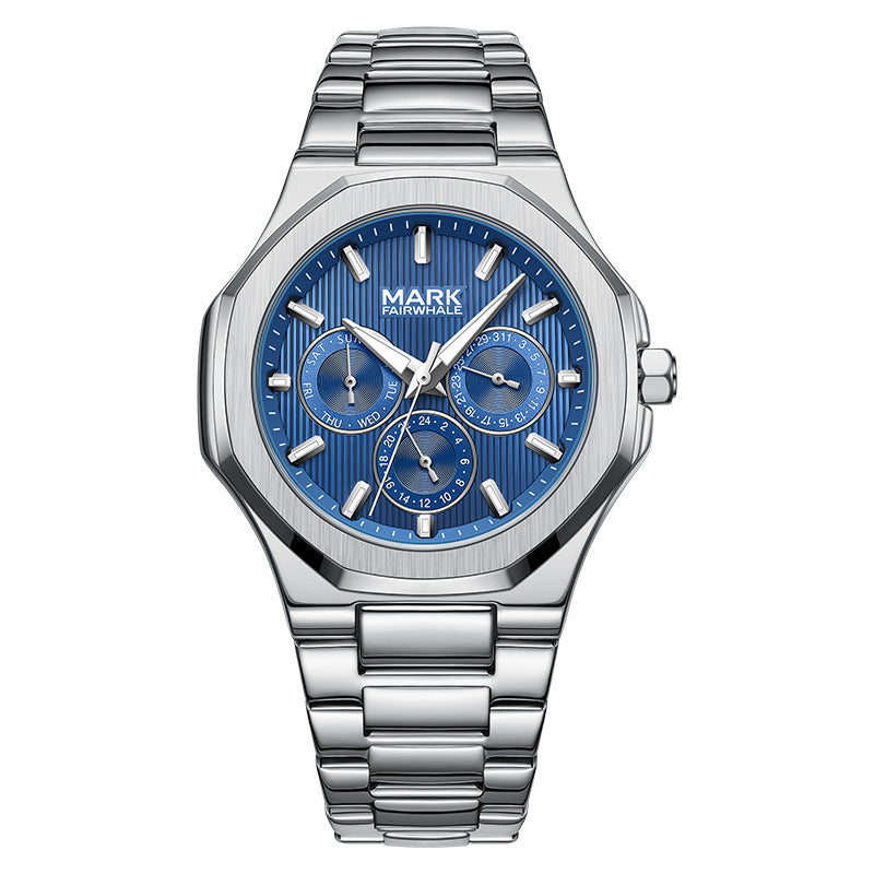 Silver watch with blue face on a white background