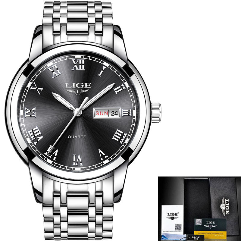 Silver wristwatch with black dial and Roman numerals on a white background