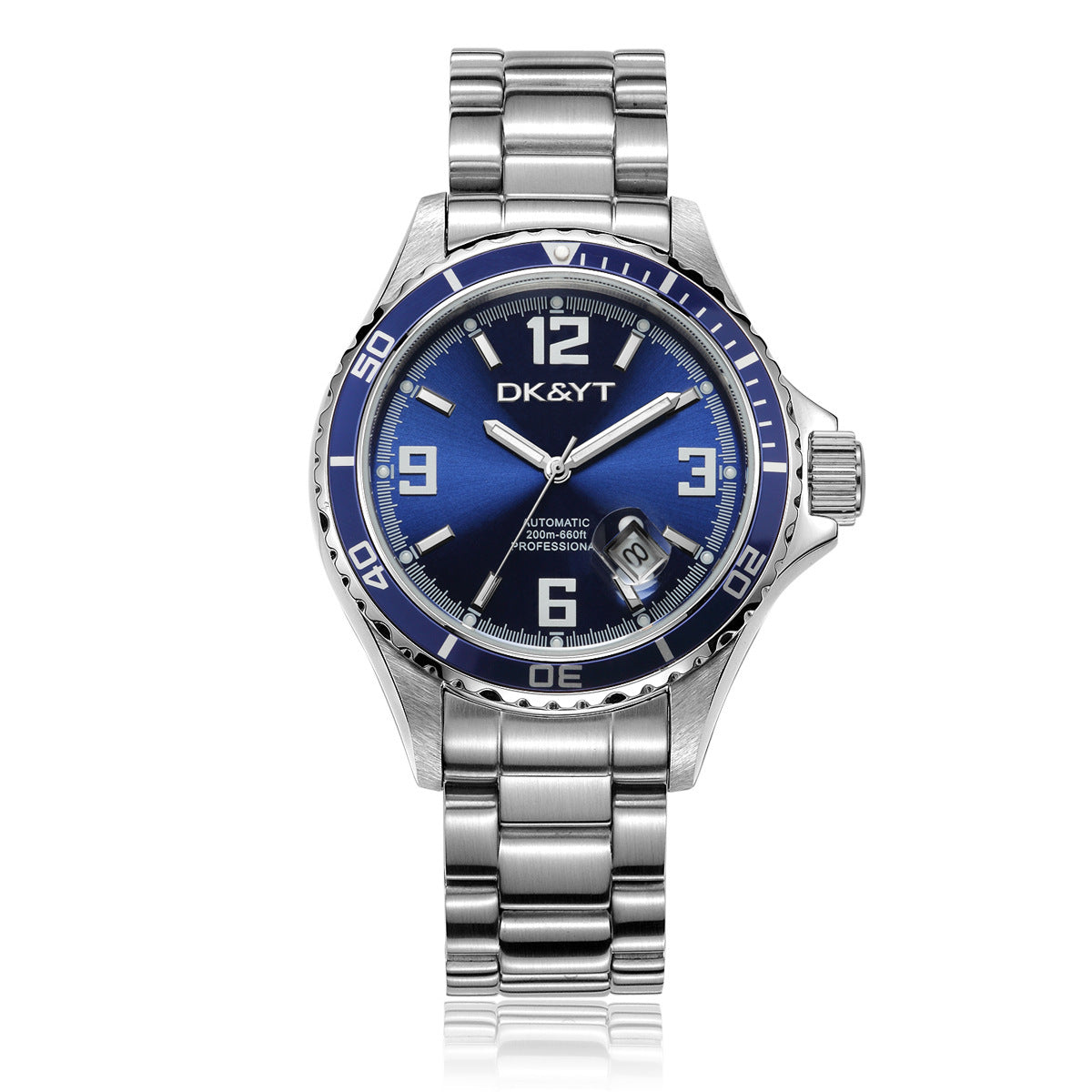 Silver watch with blue dial on a white background