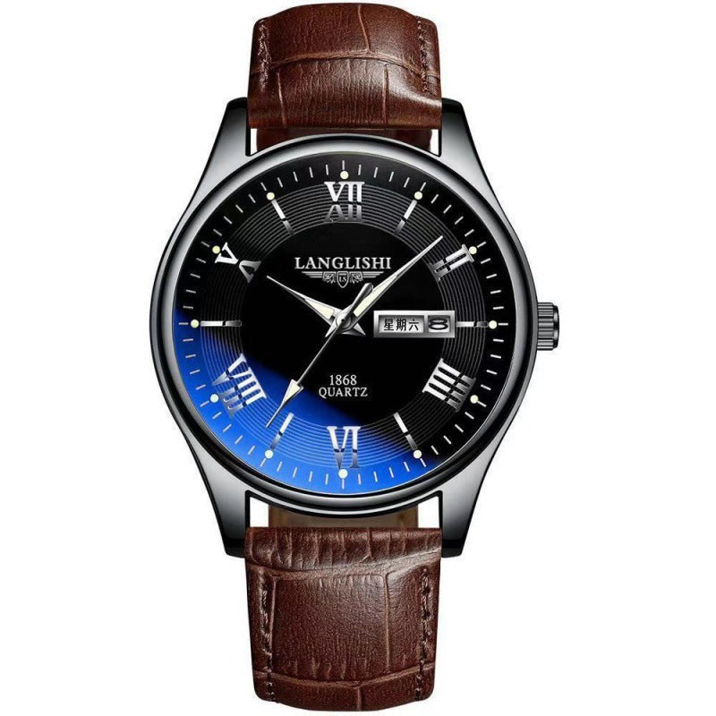 Watch with brown leather strap and black face on a white background