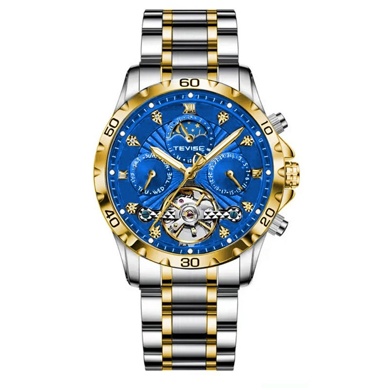 Luxury watch with blue face, gold and silver accents on a white background