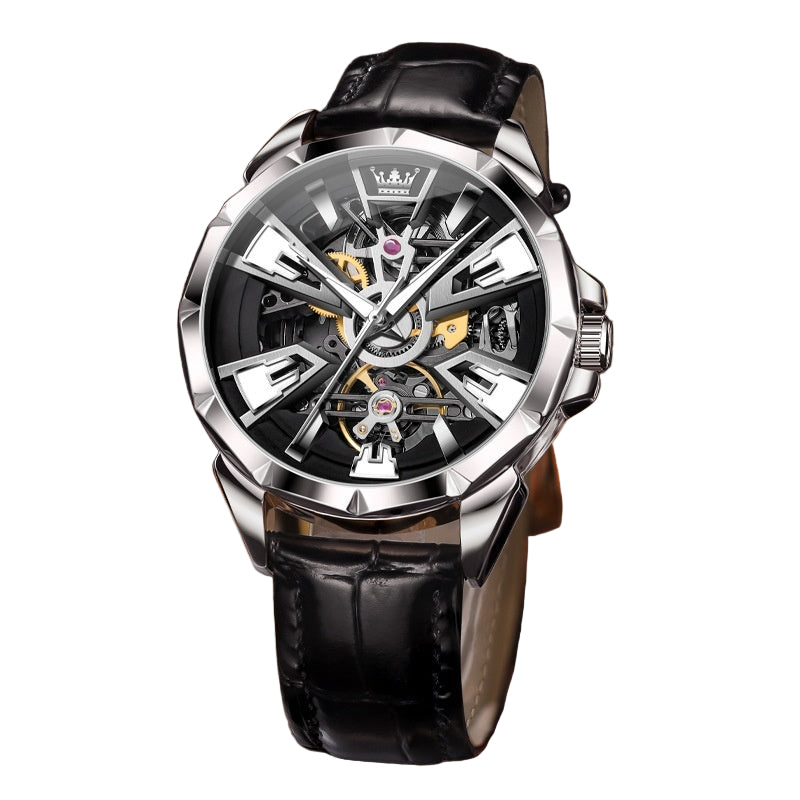Luxury watch with black leather strap and visible brand logo on a blurred background