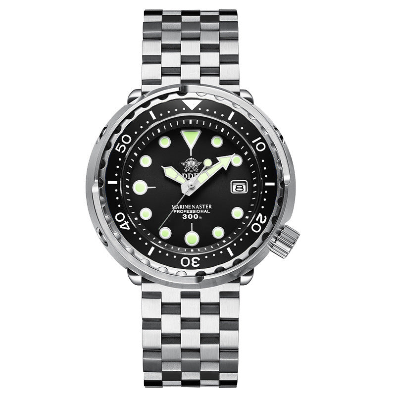 Marine Master watch with black dial and silver checkered strap on white background