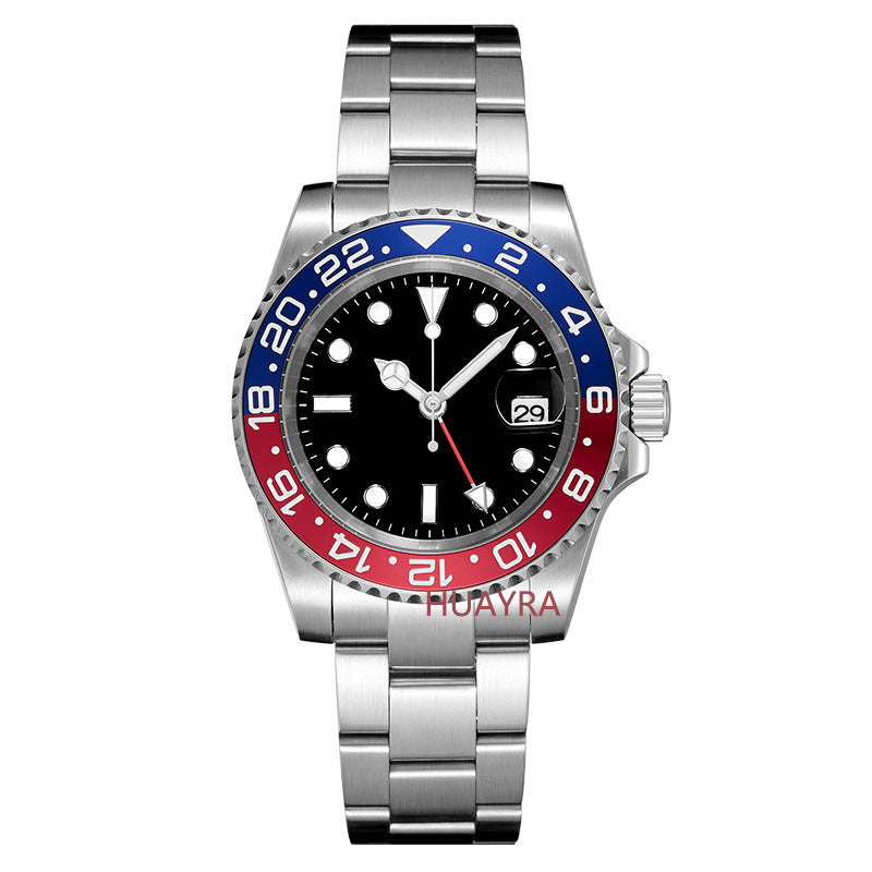 Watch with a silver bracelet and a black, red, and blue dial on a white background