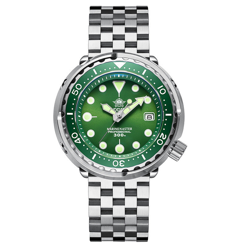 Watch with green dial and silver checkered strap on white background