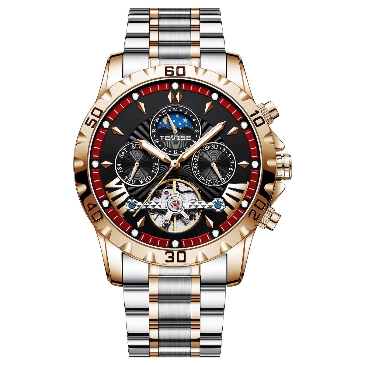 Luxury watch with a gold and silver strap on a white background