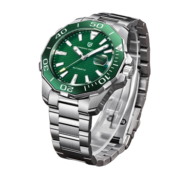 Green and silver watch on a wooden surface
