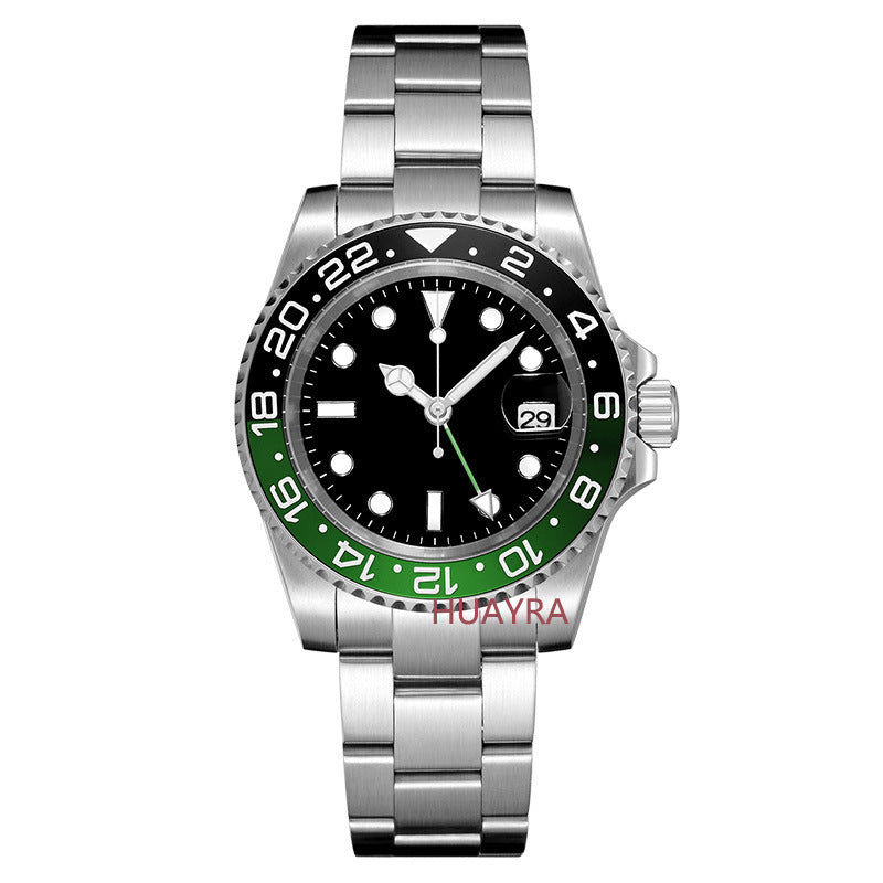 Silver watch with black and green bezel on a white background, featuring the brand 'HUAJIRA'.