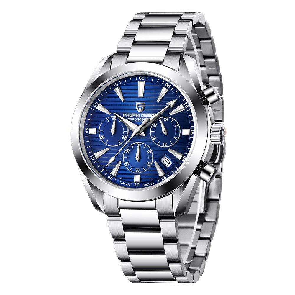 Silver watch with blue dial on a white background