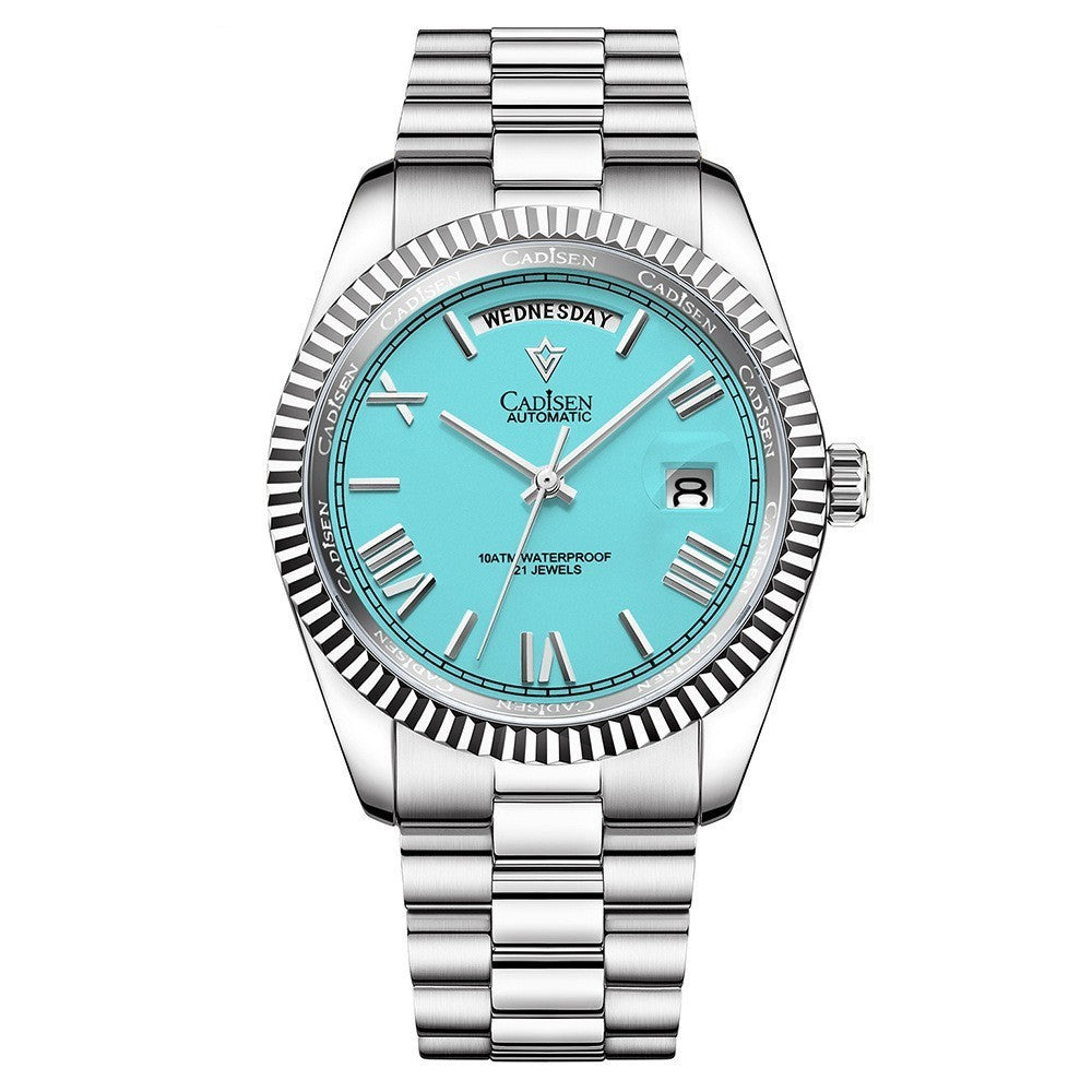 Silver watch with a turquoise dial on a white background