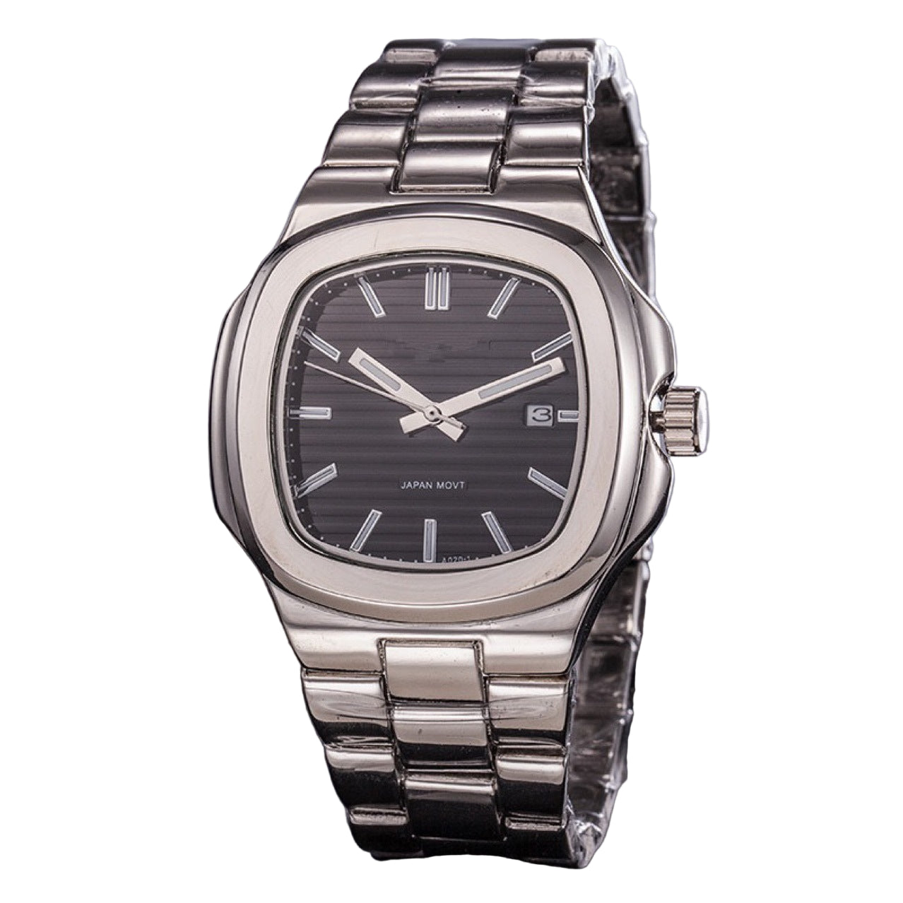 Silver wristwatch with a dark face on a gray background