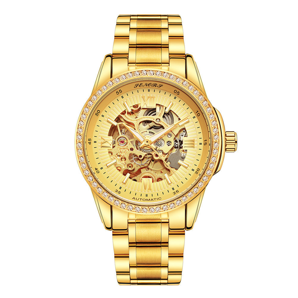 Gold wristwatch with intricate design on a white background