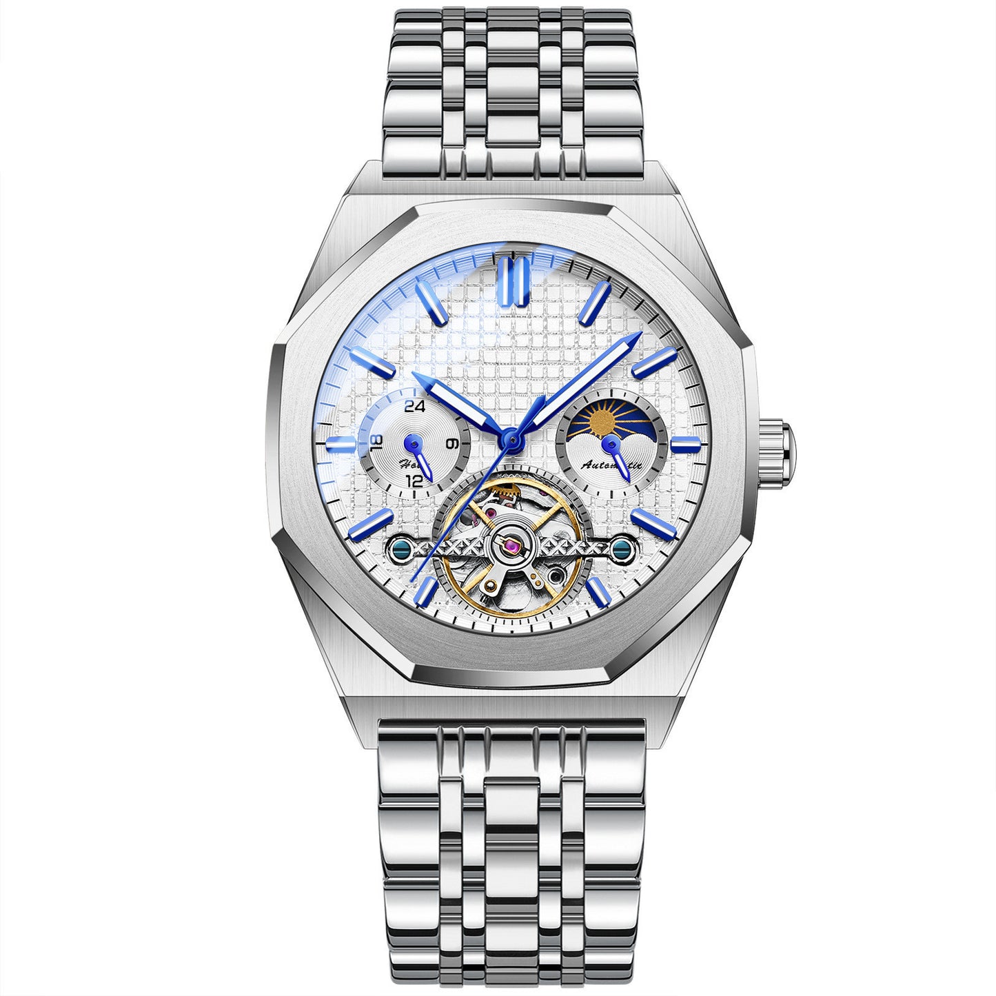 Silver wristwatch with a detailed face on a white background