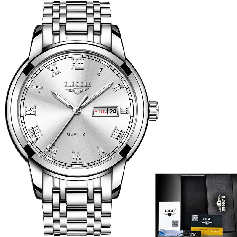 Silver wristwatch with LIGE branding on a white background