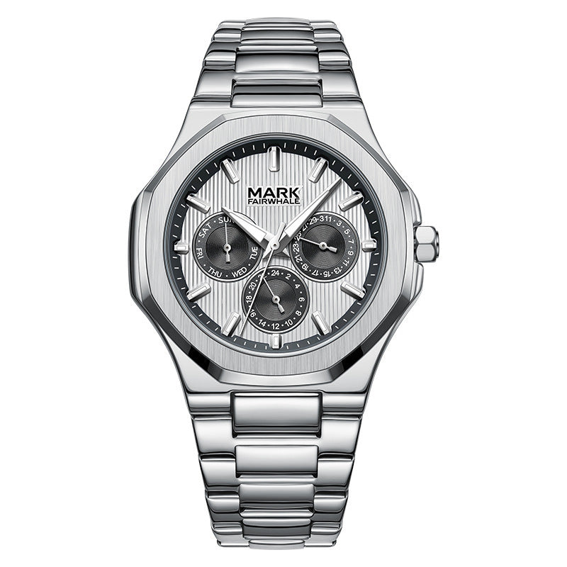 Silver watch with detailed face on a white background