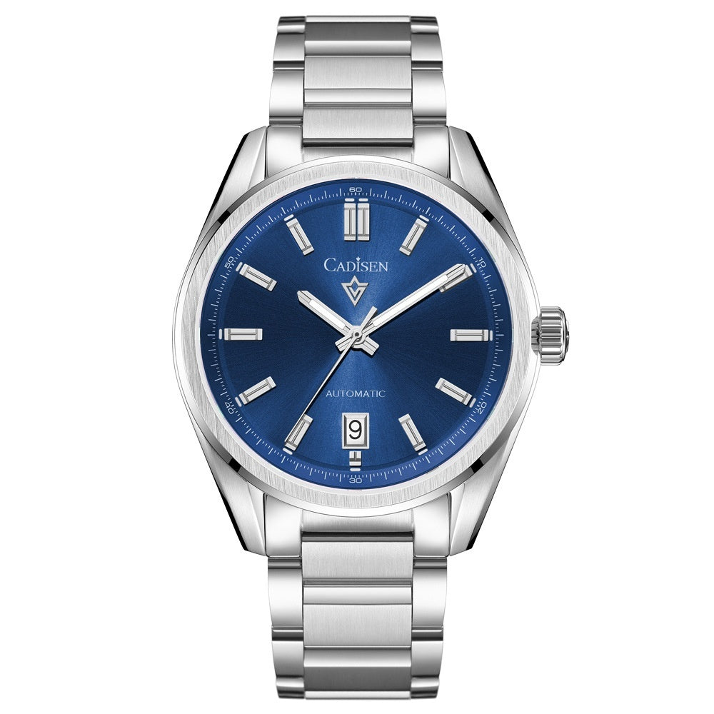 Silver watch with a blue dial on a white background