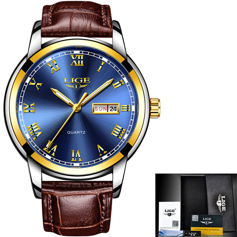 Watch with blue face, brown leather strap, and LIGE branding.