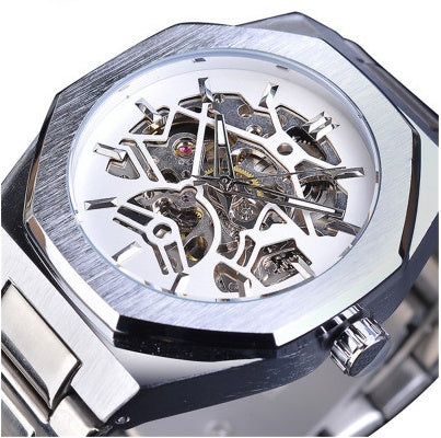 Close-up of a mechanical watch with a detailed inner mechanism on a white background