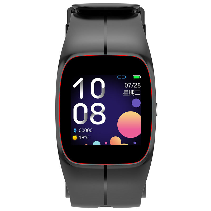 Black smartwatch with a colorful display on a white background