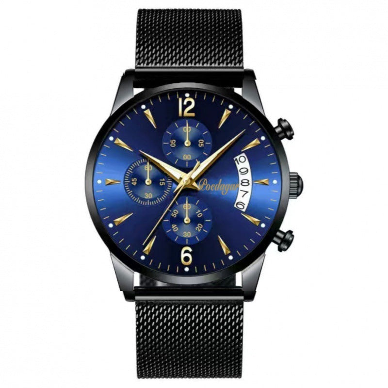Watch with blue dial and black mesh strap on a white background