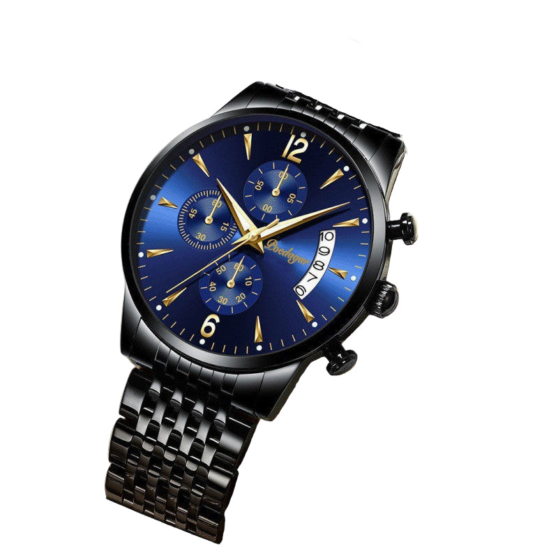 Luxury watch with blue dial and black metal strap on a beige cushion, brand name visible