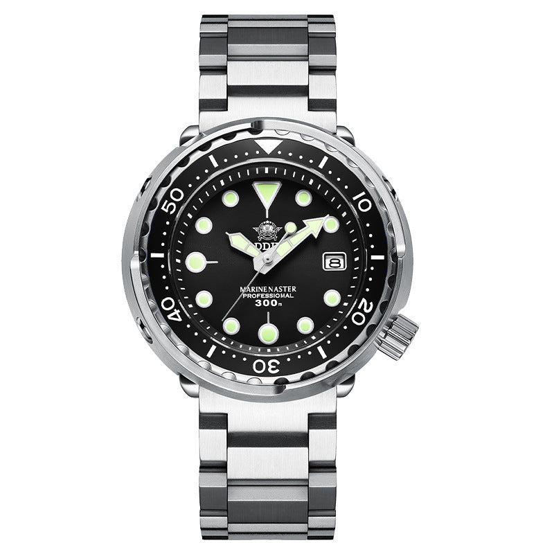 Marine Master watch with black dial and silver bracelet on a white background