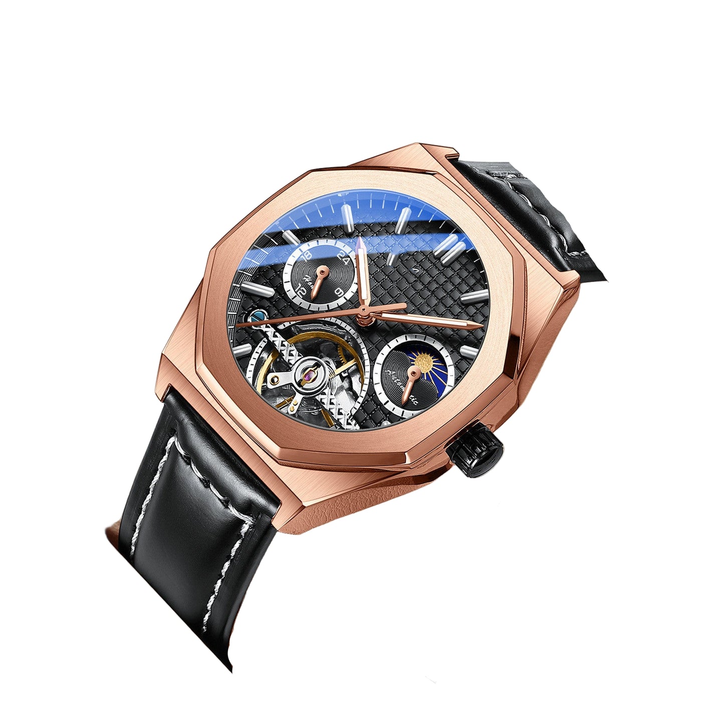 Luxury watch with black leather strap and rose gold case on a white background