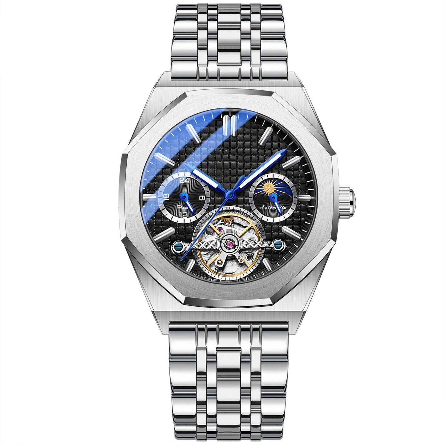 Silver watch with a detailed face on a white background