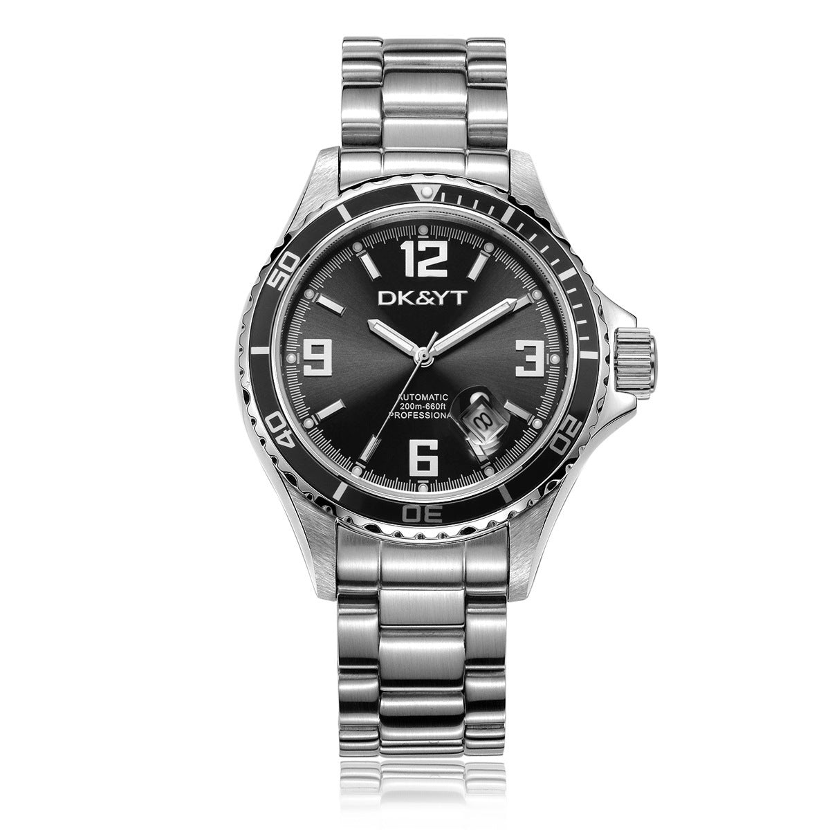 Silver wristwatch with black dial on a white background