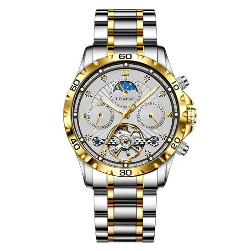 Luxury silver and gold watch with detailed face on a white background