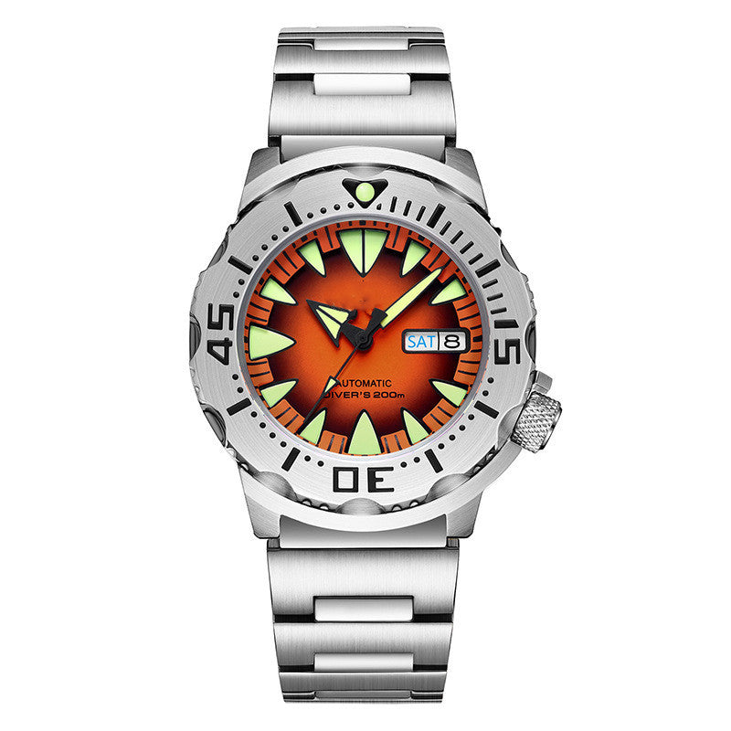 Wristwatch with a silver band and orange and green face on a white background