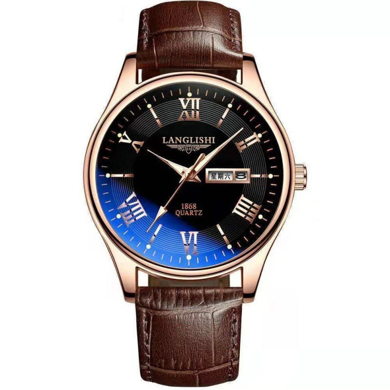 Watch with brown leather strap and blue face on white background