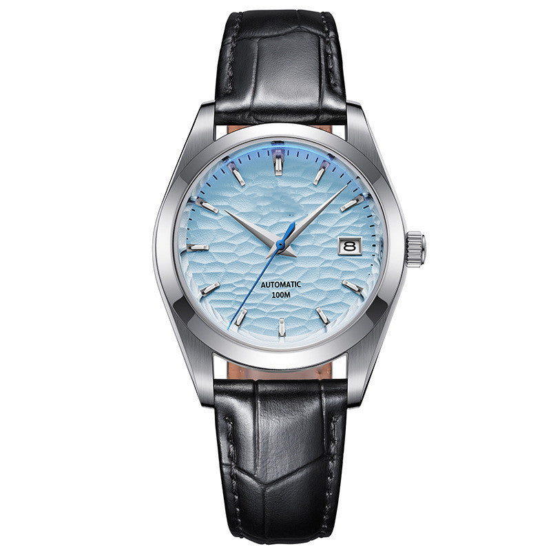 Wristwatch with black leather strap and blue dial on a white background