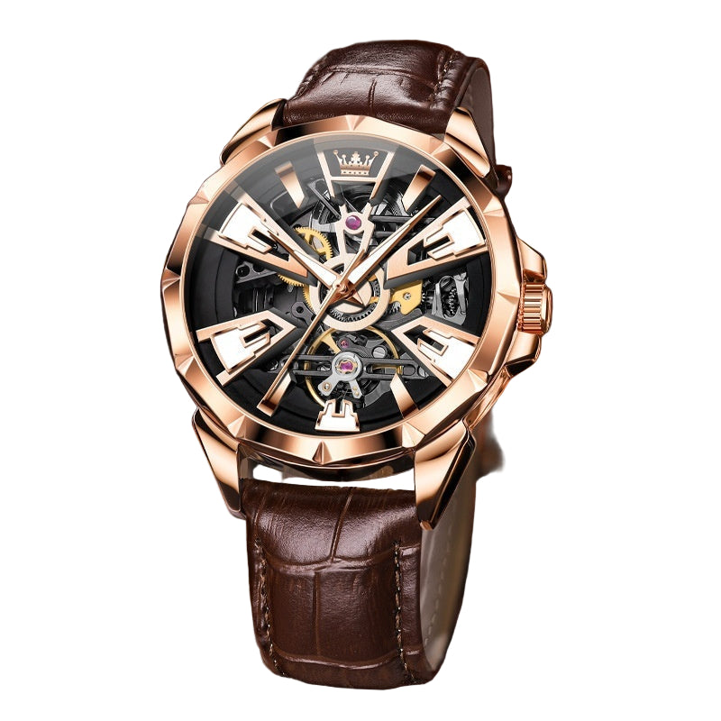 Luxury watch with brown leather strap and rose gold case on white background
