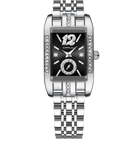 Silver watch with black face on a white background