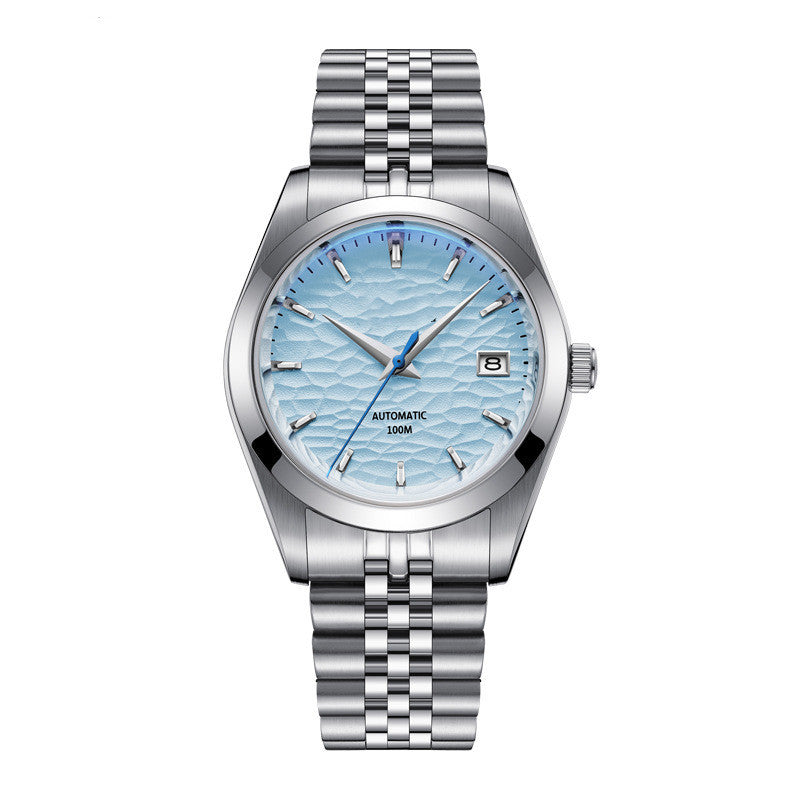 Silver watch with a blue face on a white background