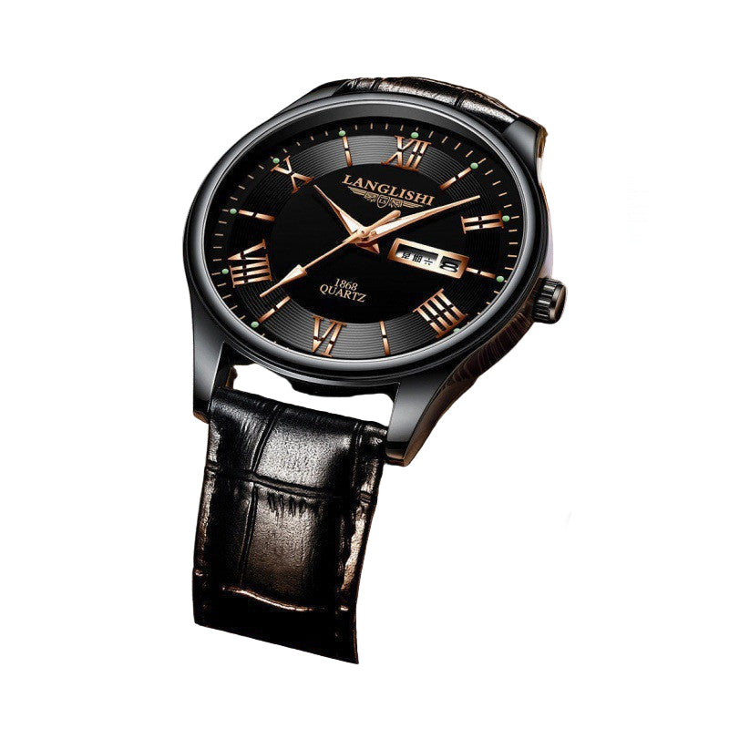 Black wristwatch with leather strap on a box, brand 'LANGLIH' visible